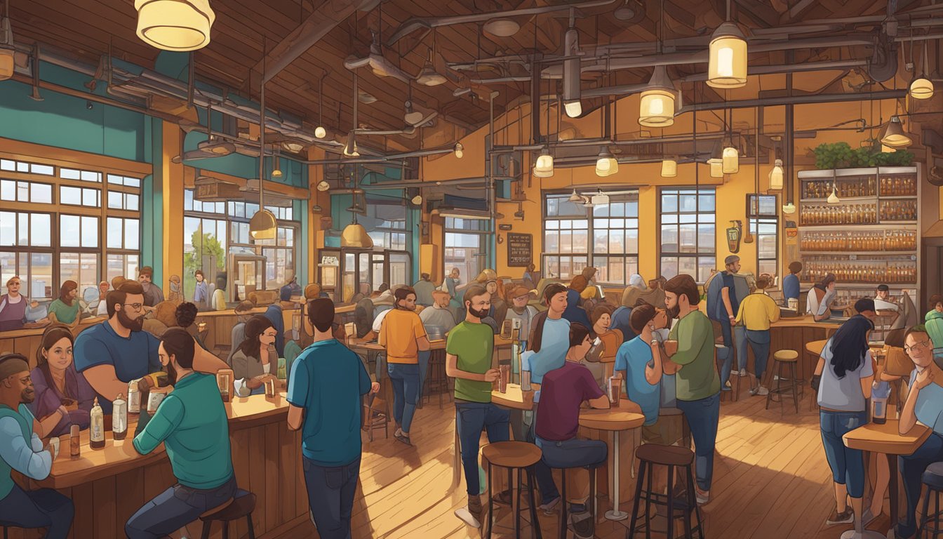 A bustling brewery scene in Saint Paul, with diverse beer types on tap and locals enjoying craft brews in a vibrant atmosphere