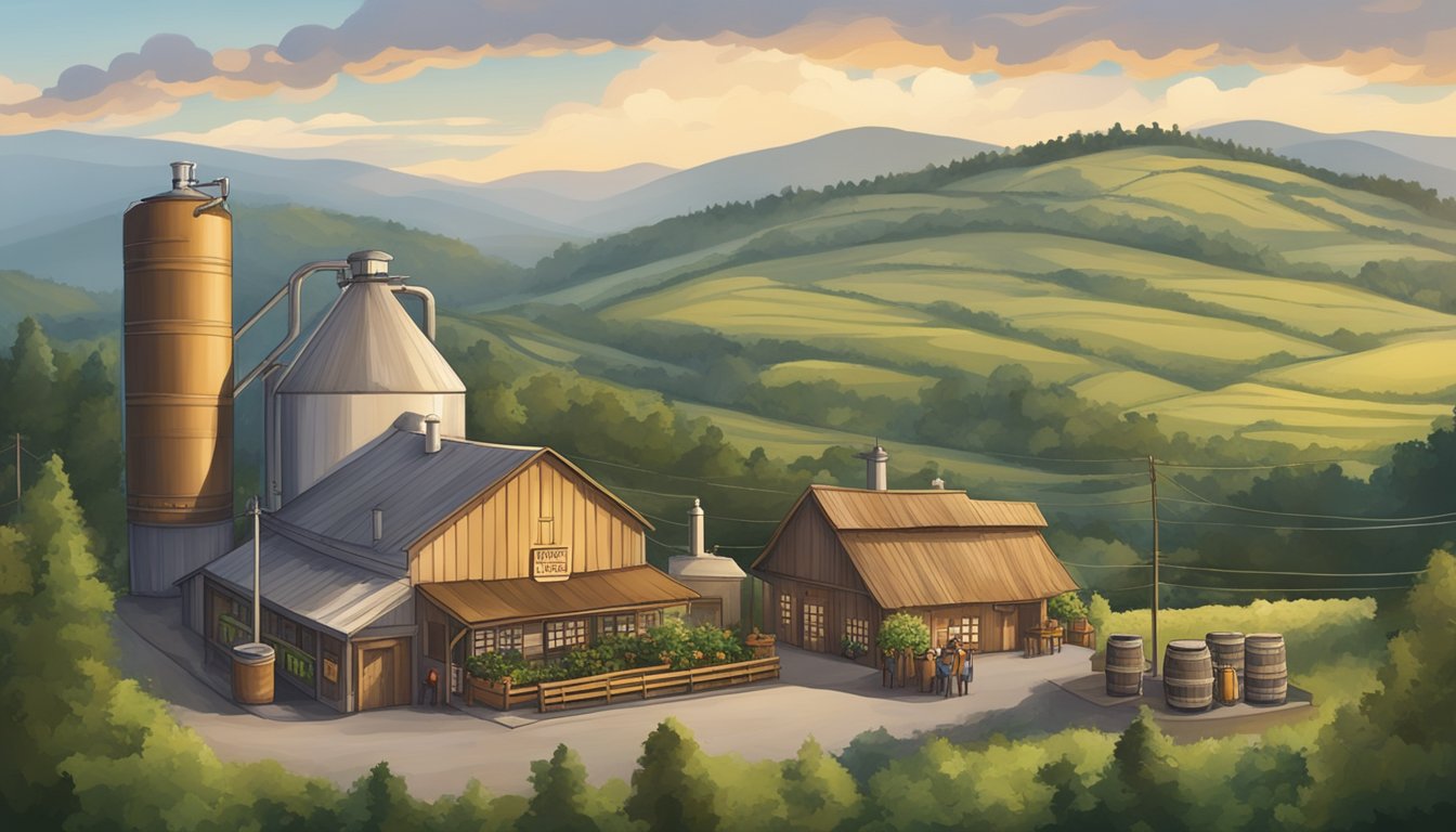 A rustic brewery nestled in a quaint town, surrounded by rolling hills and lush greenery, with a sign proudly displaying "Independence Brews."