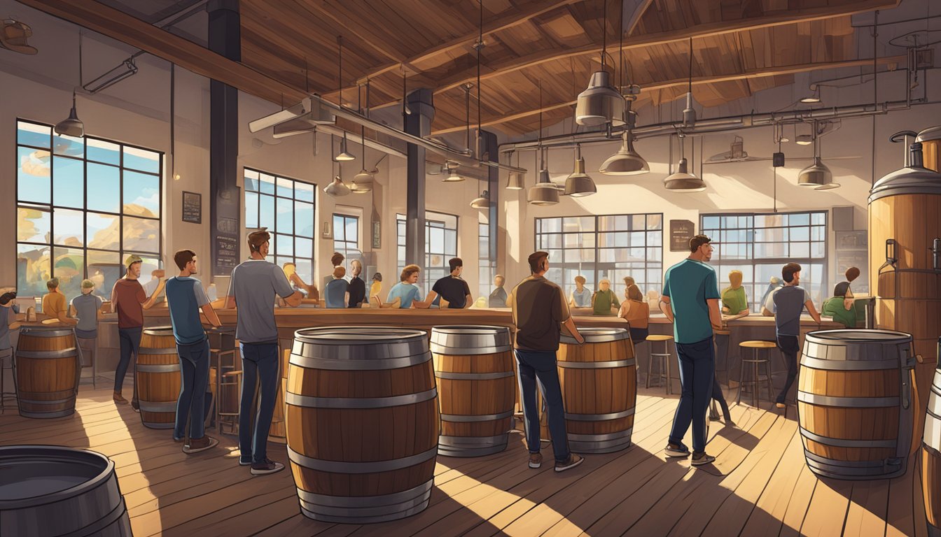 A bustling brewery taproom with patrons enjoying flights of craft beer, surrounded by stainless steel tanks and wooden barrels