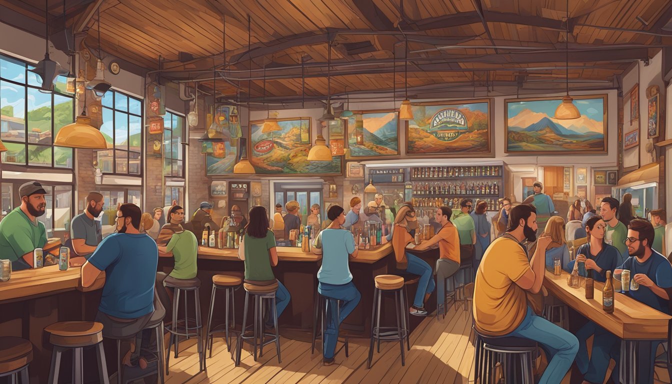 A bustling local brewery with patrons enjoying craft beers, surrounded by vibrant murals and a welcoming atmosphere