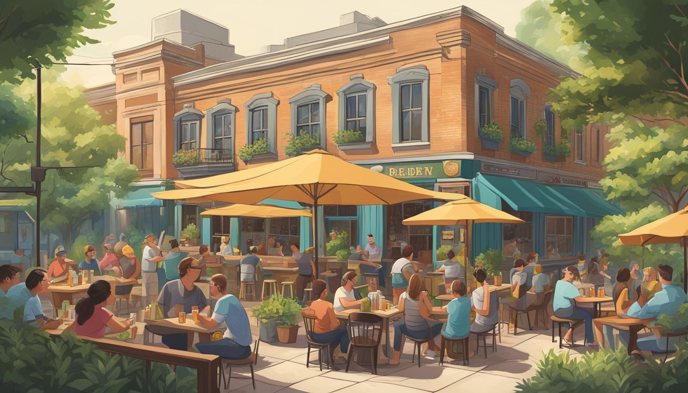 A bustling local brewery surrounded by lush greenery and vibrant murals, with patrons enjoying craft beer on a sunny patio