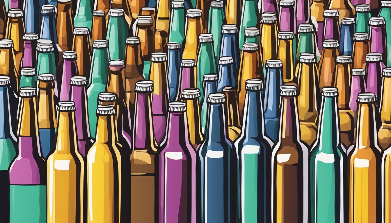 A row of colorful beer bottles and cans on display, with a backdrop of a bustling craft beer brewery in Raleigh, NC