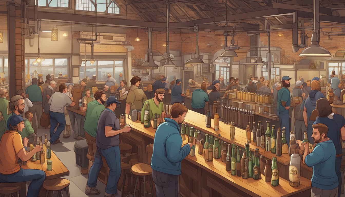 A bustling brewery scene with patrons sampling various craft beers and engaging with enthusiastic brewers