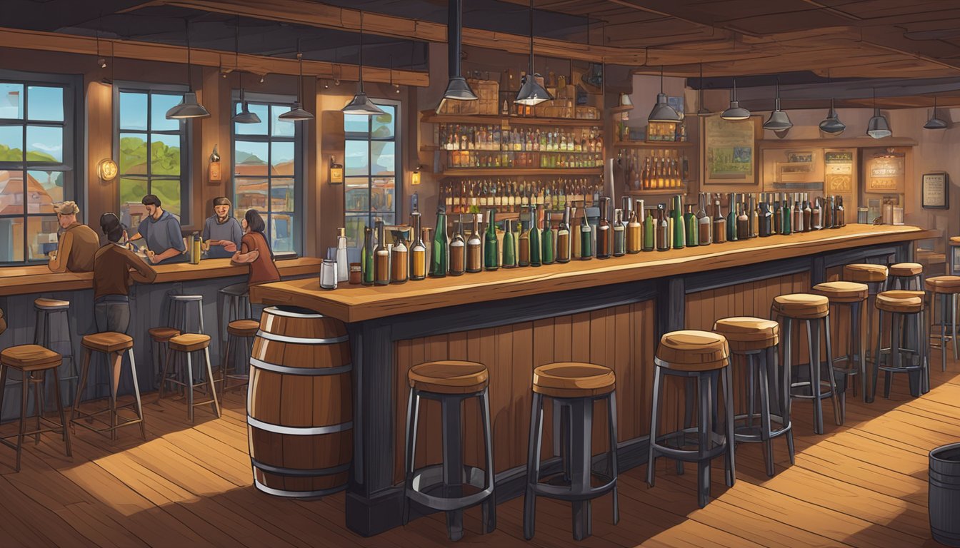 A bustling brewery taproom with a variety of craft beer taps, wooden barrels, and a chalkboard menu. Tables are filled with locals enjoying the vibrant atmosphere