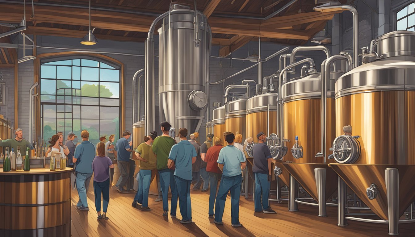 A bustling taproom with patrons sampling various craft beers, while a brewer tends to the stainless steel tanks in the background