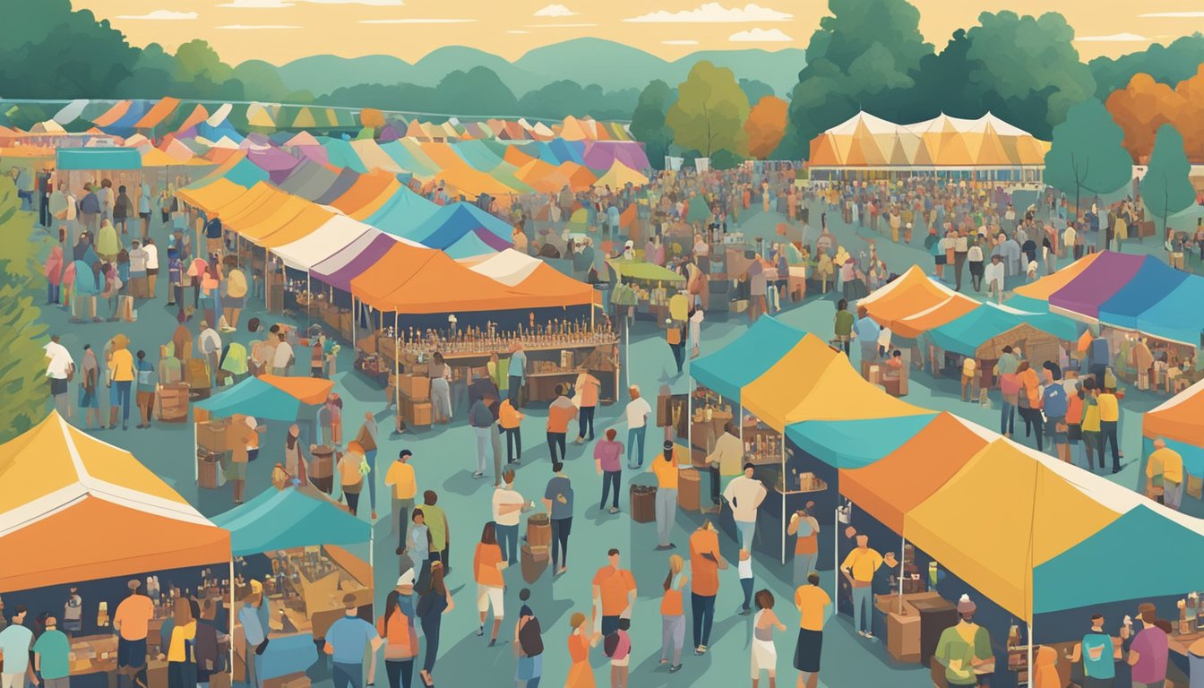 A bustling craft beer festival in Raleigh, NC, with rows of colorful beer tents and enthusiastic patrons sampling various brews