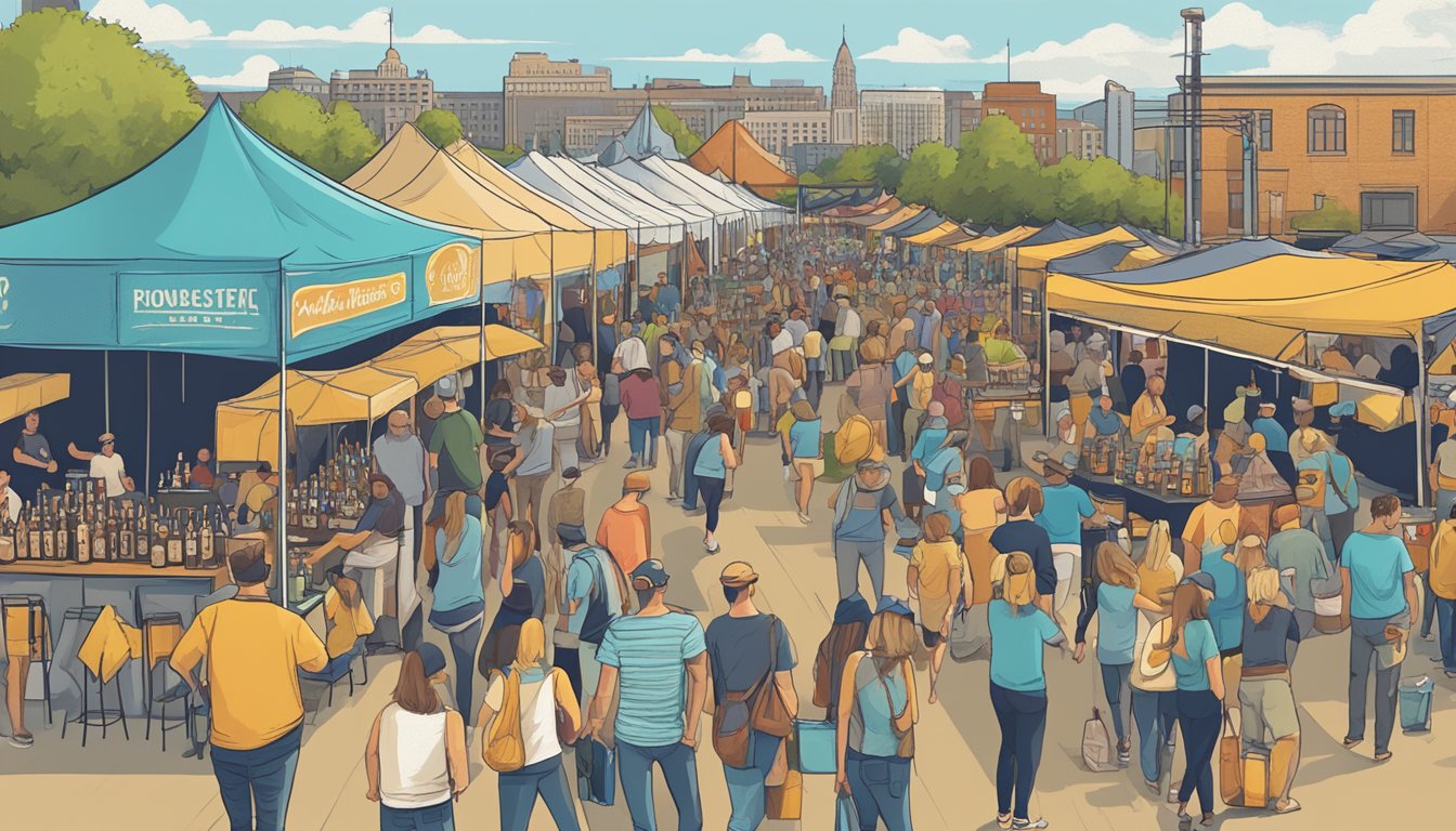 A bustling craft beer festival in Kansas City, MO with vendors, live music, and enthusiastic beer enthusiasts sampling and socializing