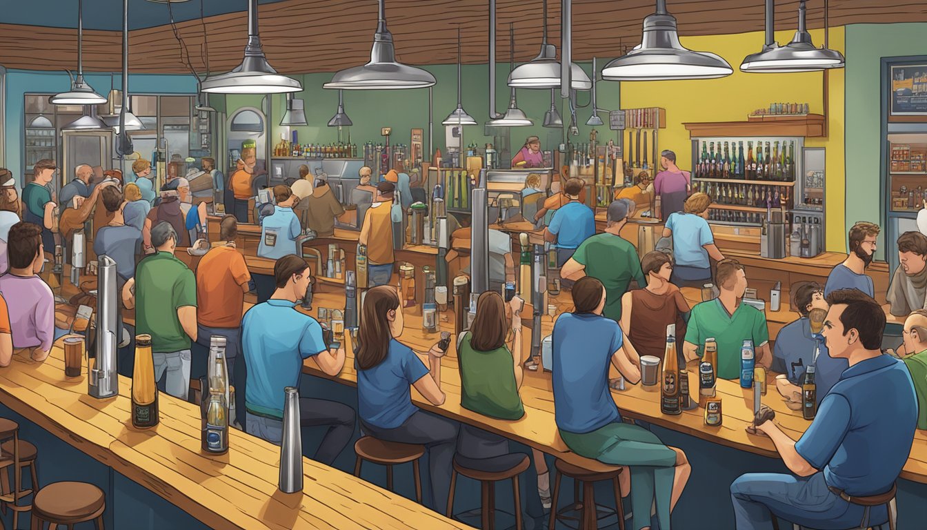 A bustling local brewery scene with colorful tap handles and patrons enjoying craft beer in Raleigh, NC