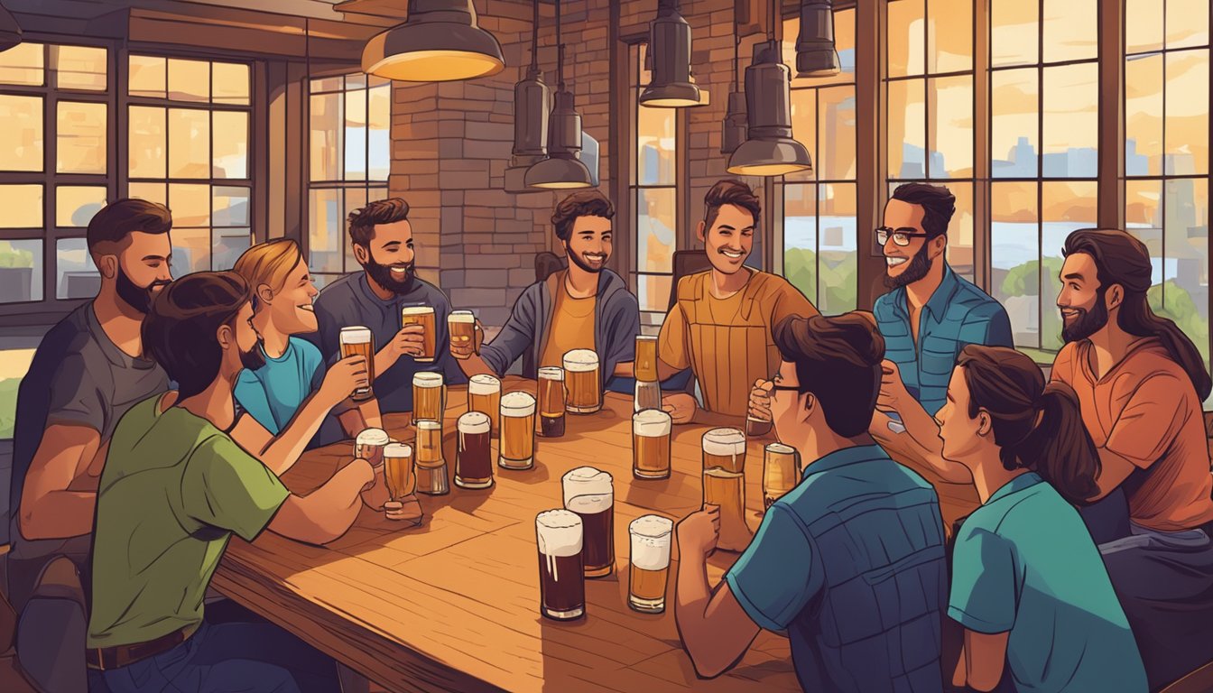 A group of friends sit around a table, clinking glasses of various local craft beers in a vibrant Kansas City brewery