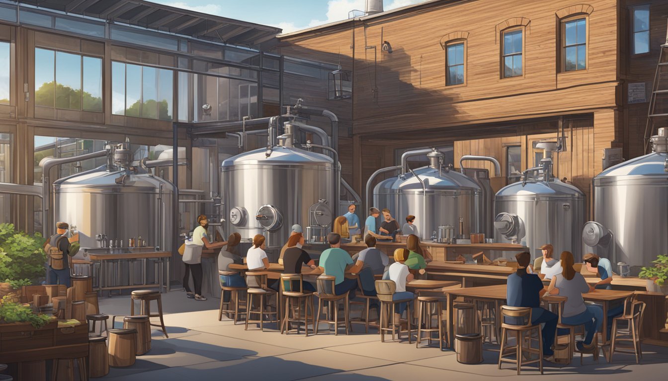 A bustling brewery with outdoor seating, live music, and a view of the brewing equipment