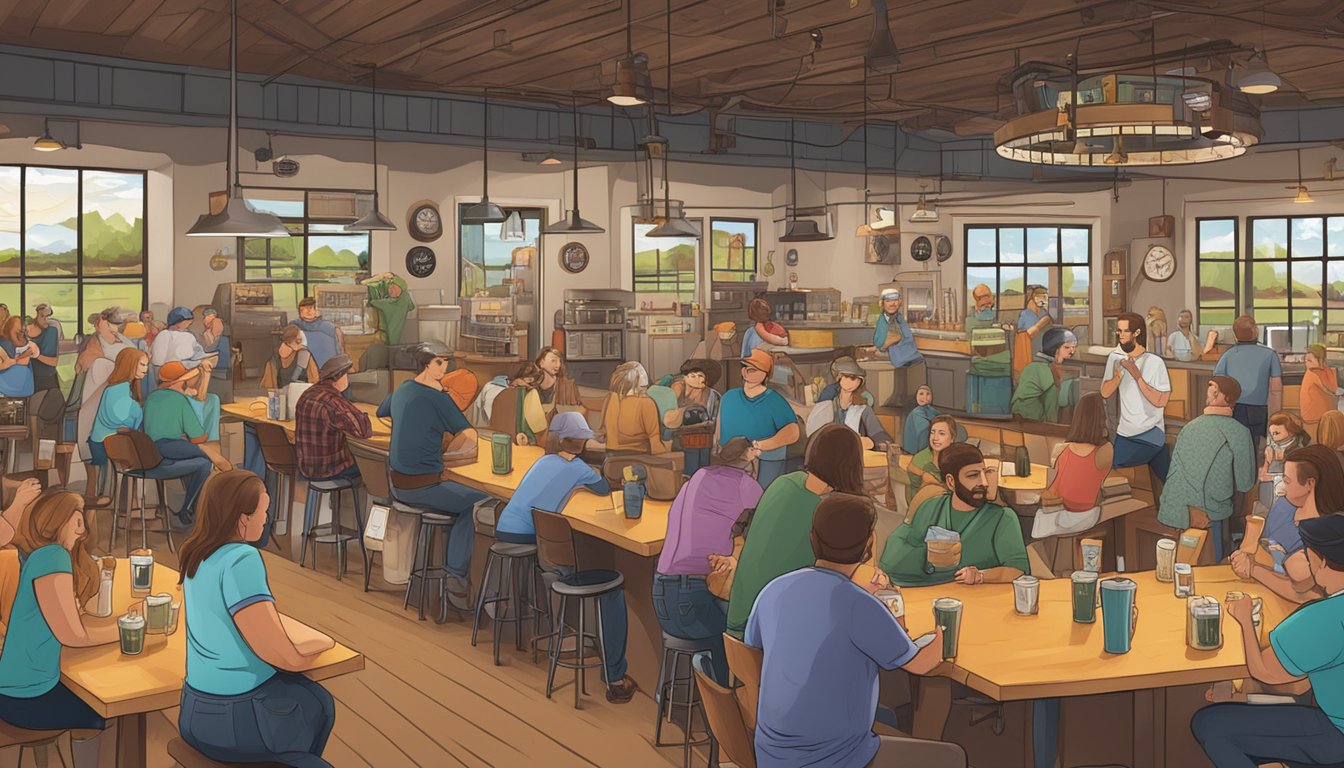 A bustling local brewery scene in Springfield, MO, with patrons enjoying craft beer and engaging in community events