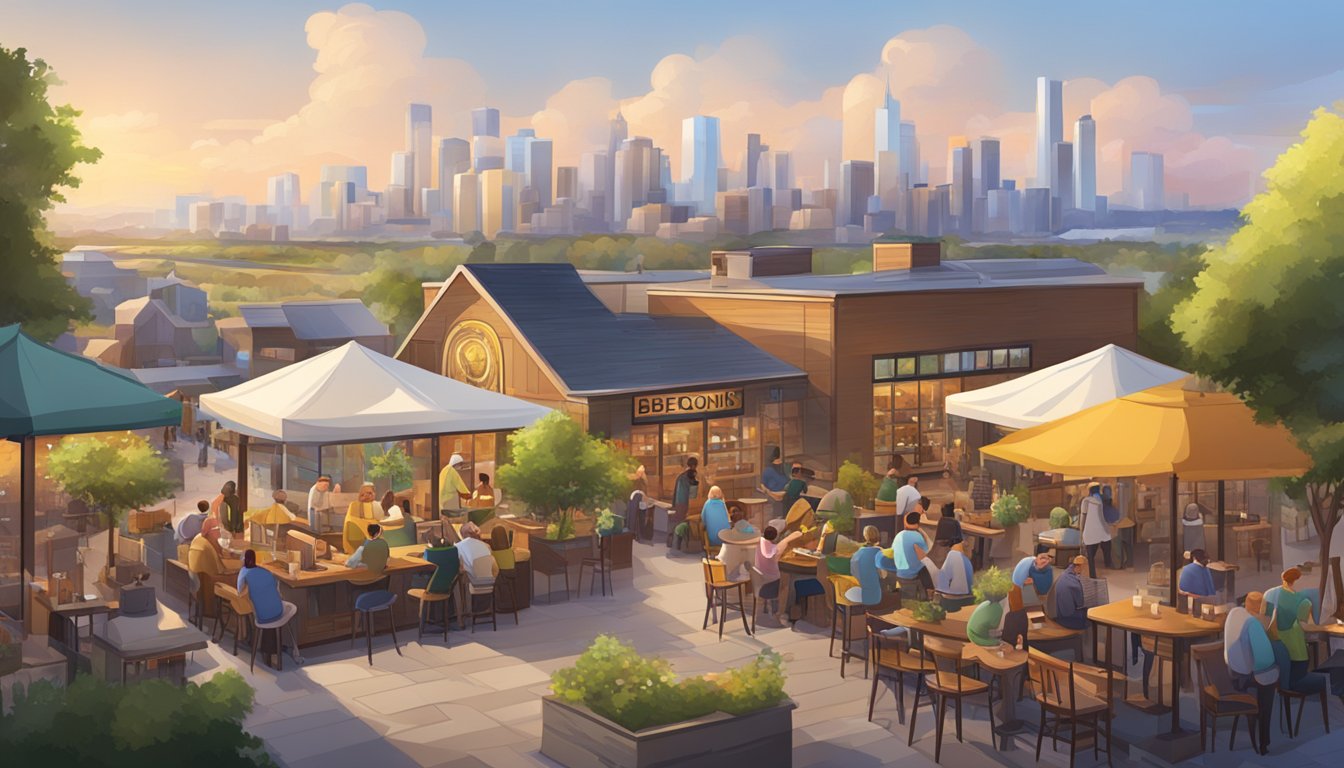 A bustling brewery district with colorful taprooms and outdoor seating, surrounded by fields and distant city skyline