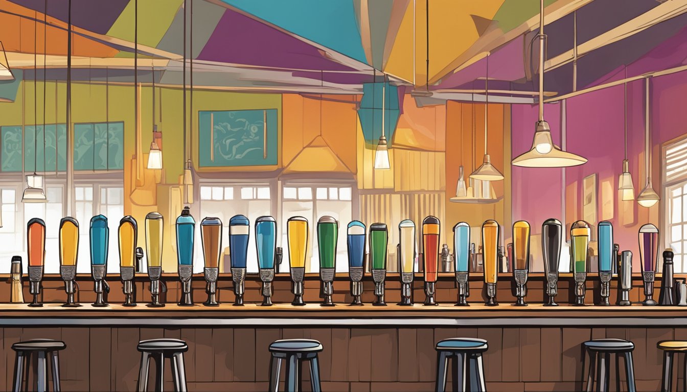 A row of colorful tap handles line the bar, each offering a unique craft beer. Patrons gather around high top tables, enjoying the lively atmosphere