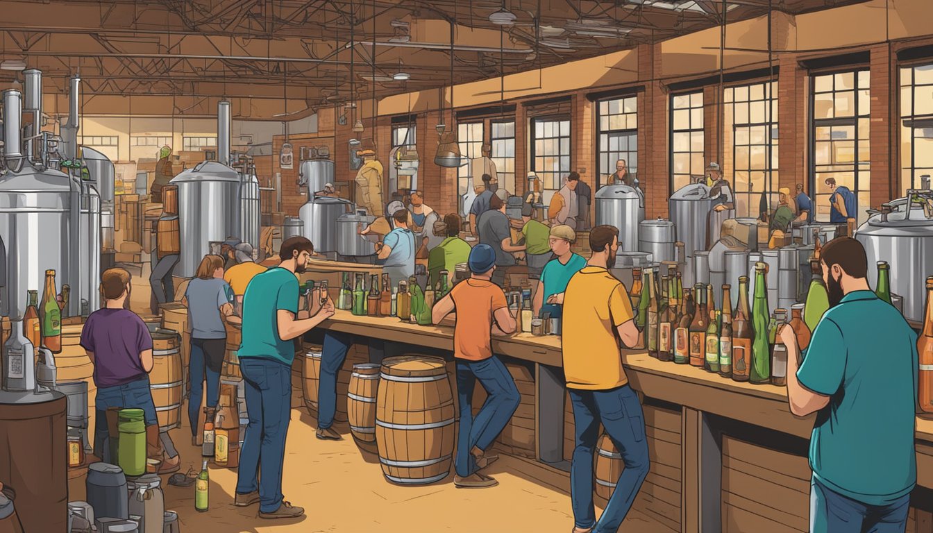 A bustling brewery scene with colorful cans and bottles, people chatting and sampling sour beers and ciders in Fargo, ND