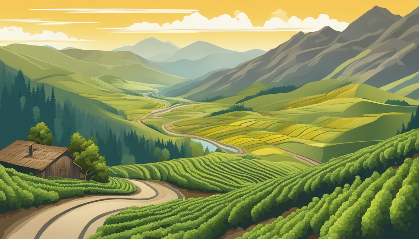 A winding trail through a mountainous landscape dotted with breweries and hop fields