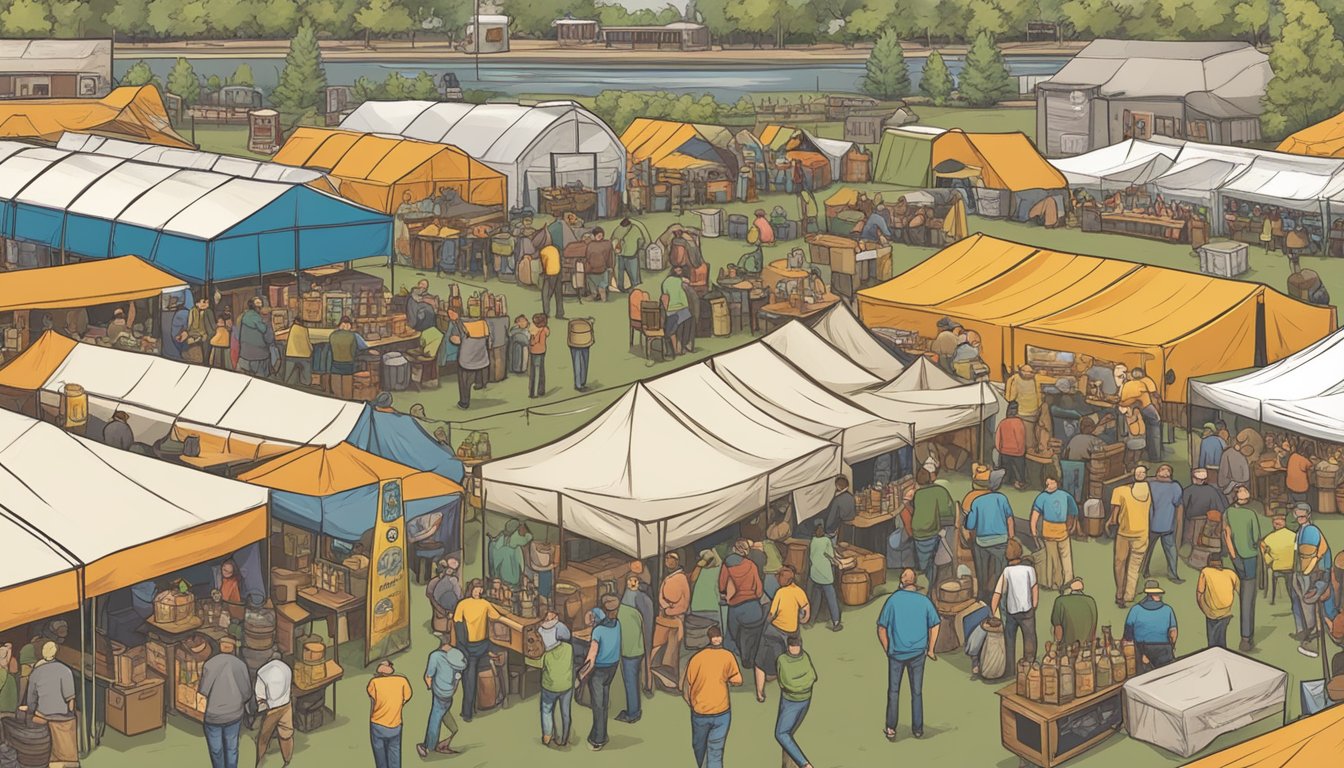 A bustling craft beer festival in Fargo, ND showcases a variety of seasonal and special release brews. Tents and banners display the logos of local breweries