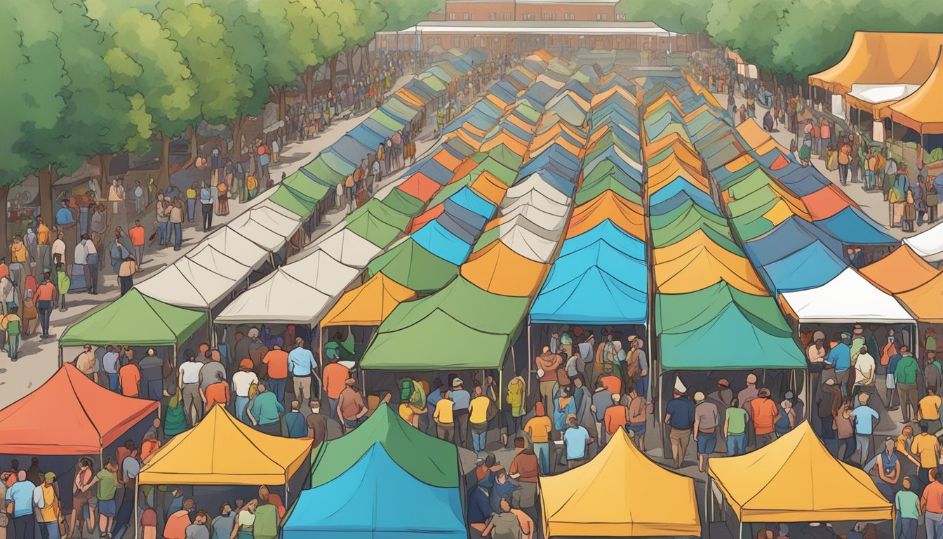 A bustling craft beer festival in St. Louis, with rows of colorful tents, people sampling beer, and live music filling the air