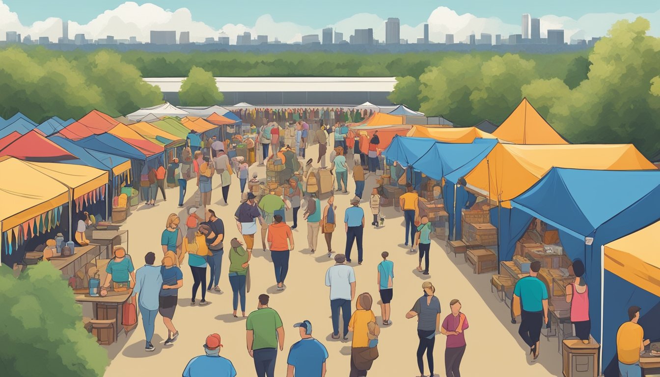 A bustling craft beer festival in Fargo, ND, with rows of colorful tents, live music, and people enjoying tastings