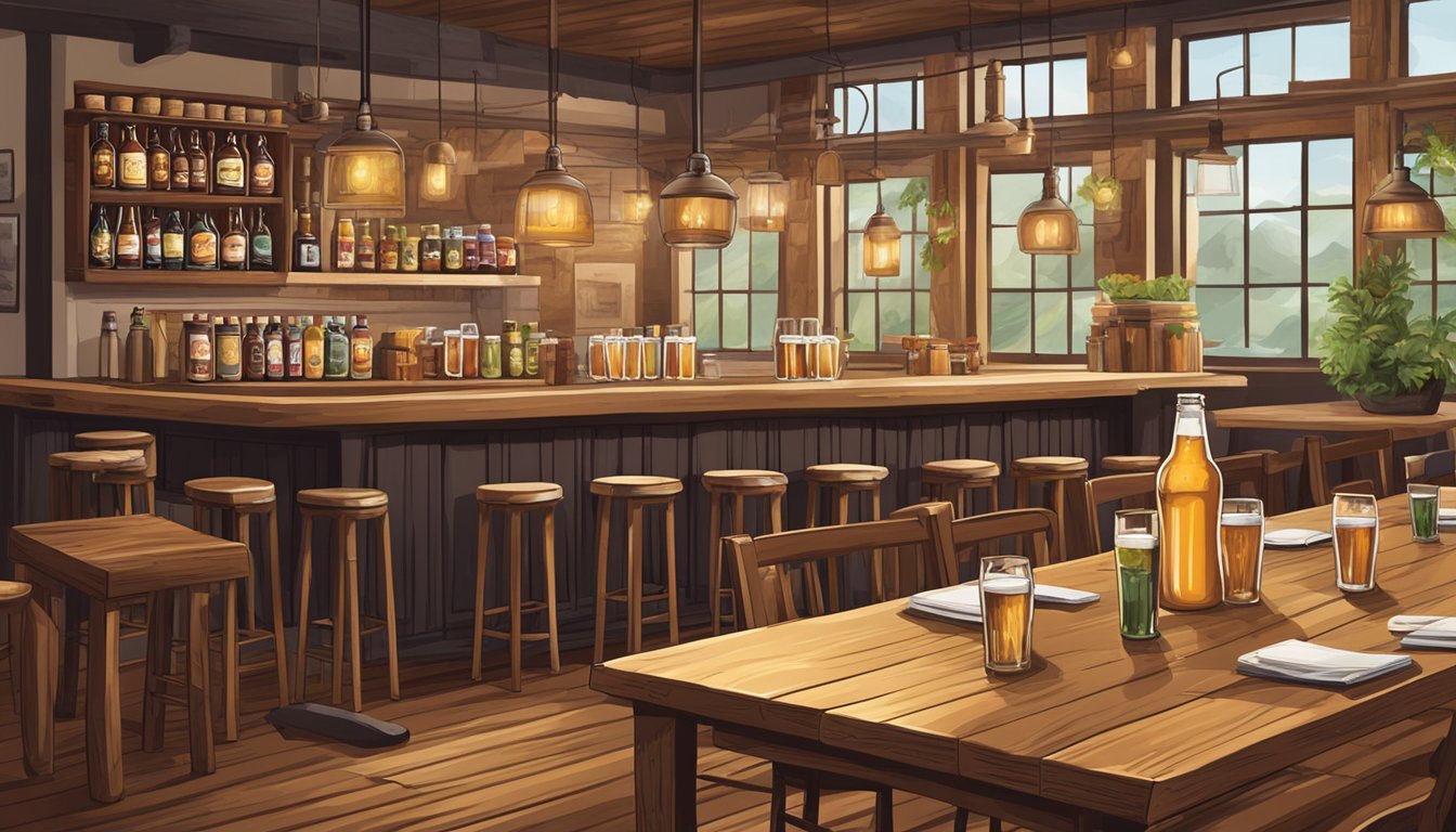 A cozy brewpub with a variety of craft beers and gourmet food pairings displayed on rustic wooden tables