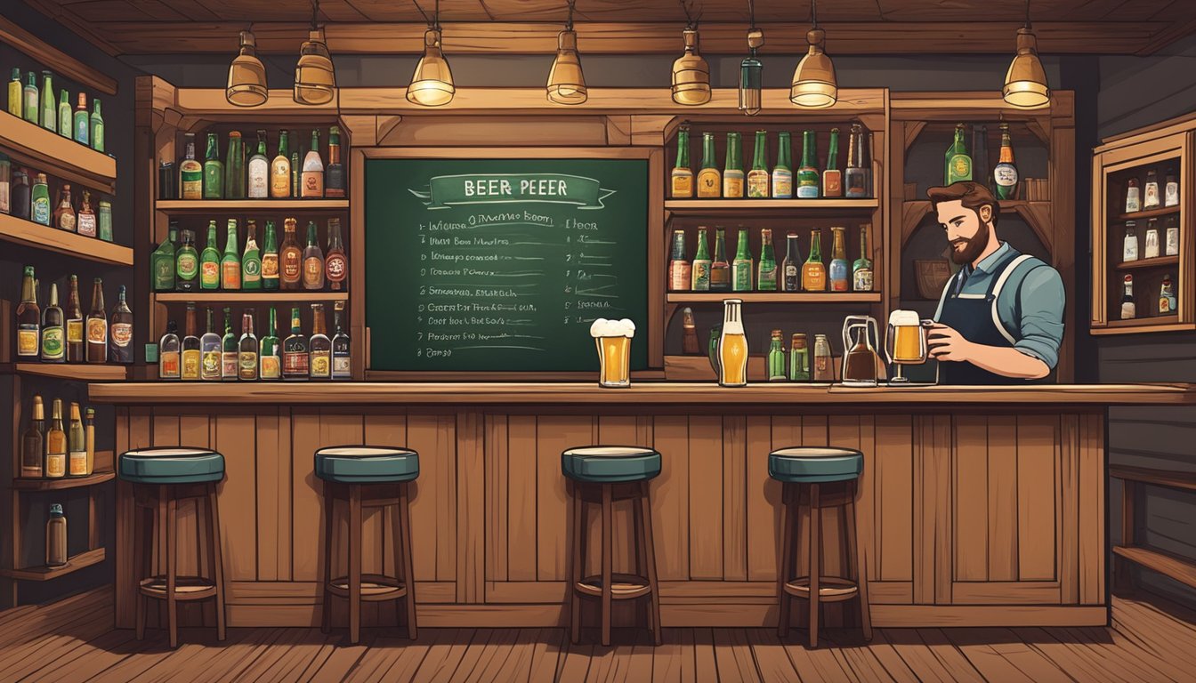 A cozy pub with shelves of unique beer bottles, a chalkboard menu, and a bartender pouring a frothy pint