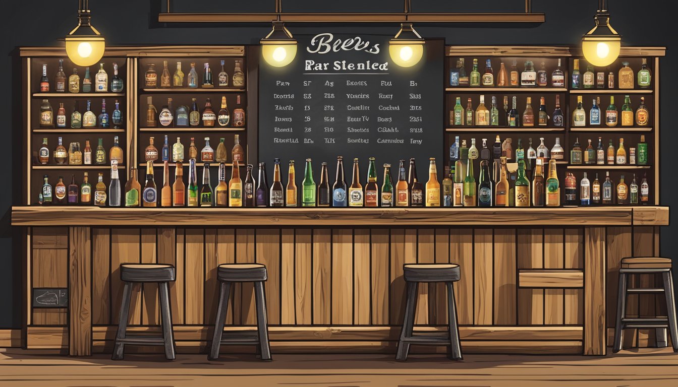 A rustic wooden bar with various craft beer taps, surrounded by shelves of beer bottles and a chalkboard listing the available brews