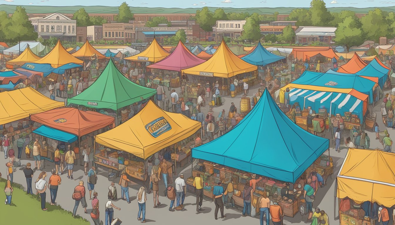 A bustling craft beer festival in Billings, MT, with rows of colorful beer tents, live music, and enthusiastic patrons sampling various brews