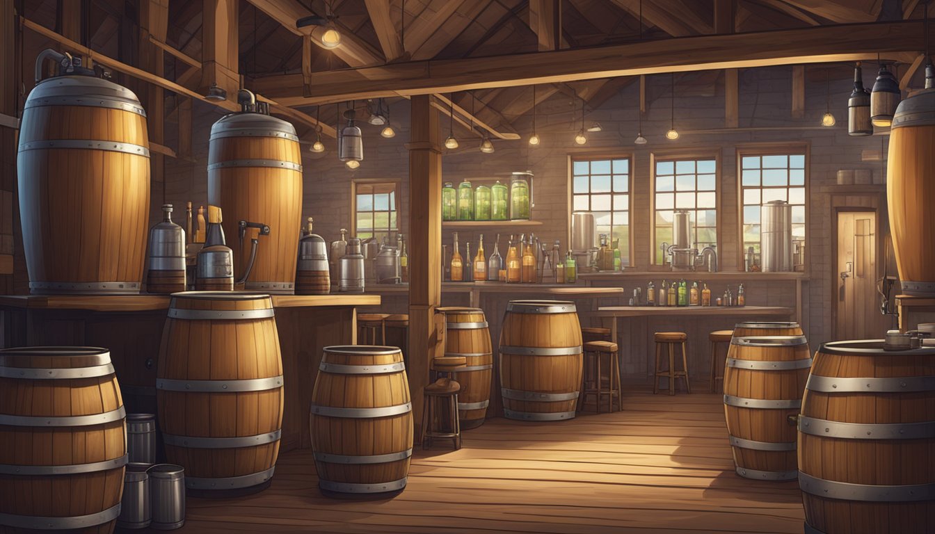 A bustling microbrewery with a variety of unique craft beers on tap, surrounded by rustic wooden barrels and industrial brewing equipment