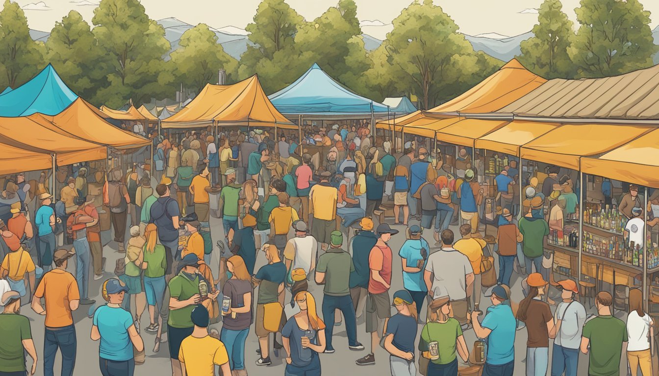 A bustling craft beer festival in Billings, MT, with a variety of breweries showcasing their unique brews and enthusiastic patrons sampling and enjoying the vibrant atmosphere