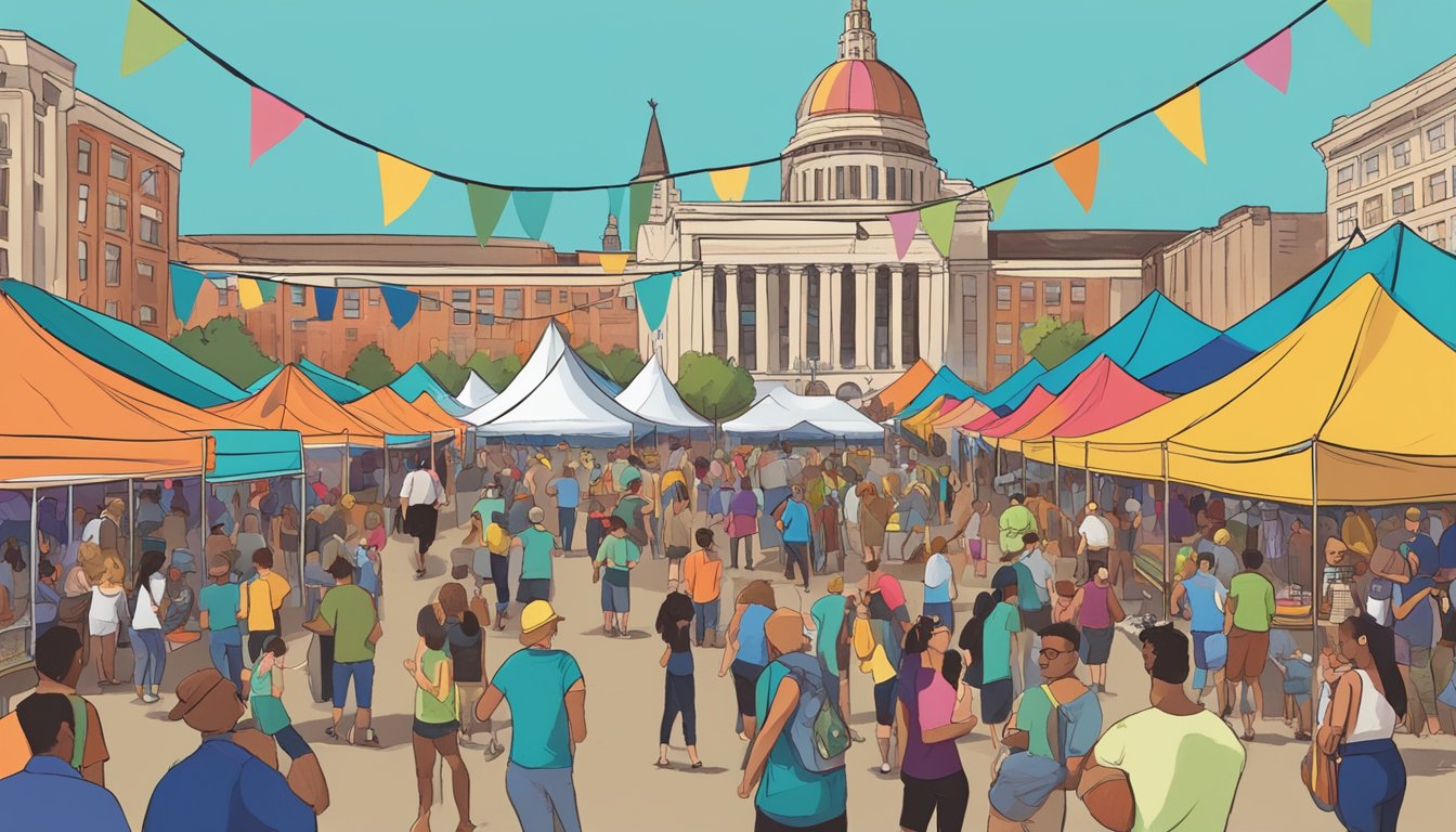 A bustling festival scene with colorful tents, people sampling craft beers, and live music filling the air in St. Louis, MO