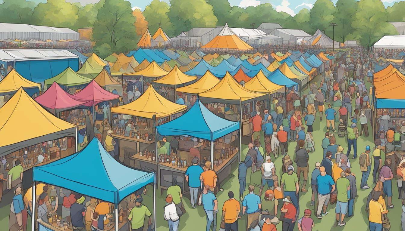 A bustling craft beer festival in Manchester, NH, with rows of colorful tents and a lively crowd sampling local brews