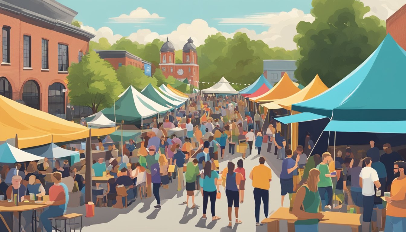 A bustling craft beer festival in downtown Concord, with colorful tents, live music, and people enjoying a variety of local brews