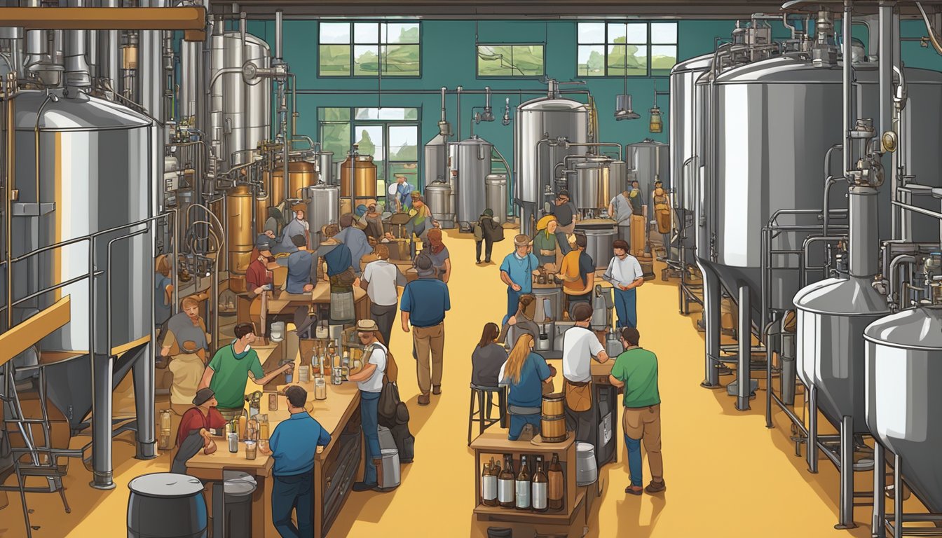 A bustling brewery scene with patrons sampling various craft beers, surrounded by industrial brewing equipment and vibrant decor