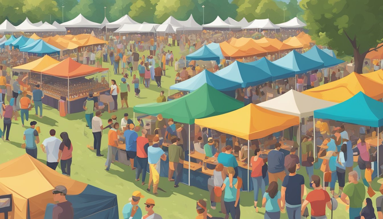 A bustling craft beer festival in Cary, NC, with rows of colorful tents and lively crowds sampling a variety of local brews