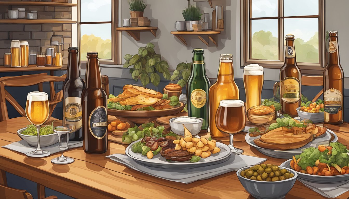 A table set with various craft beer bottles and glasses, accompanied by a spread of gourmet food pairings in a cozy dining setting