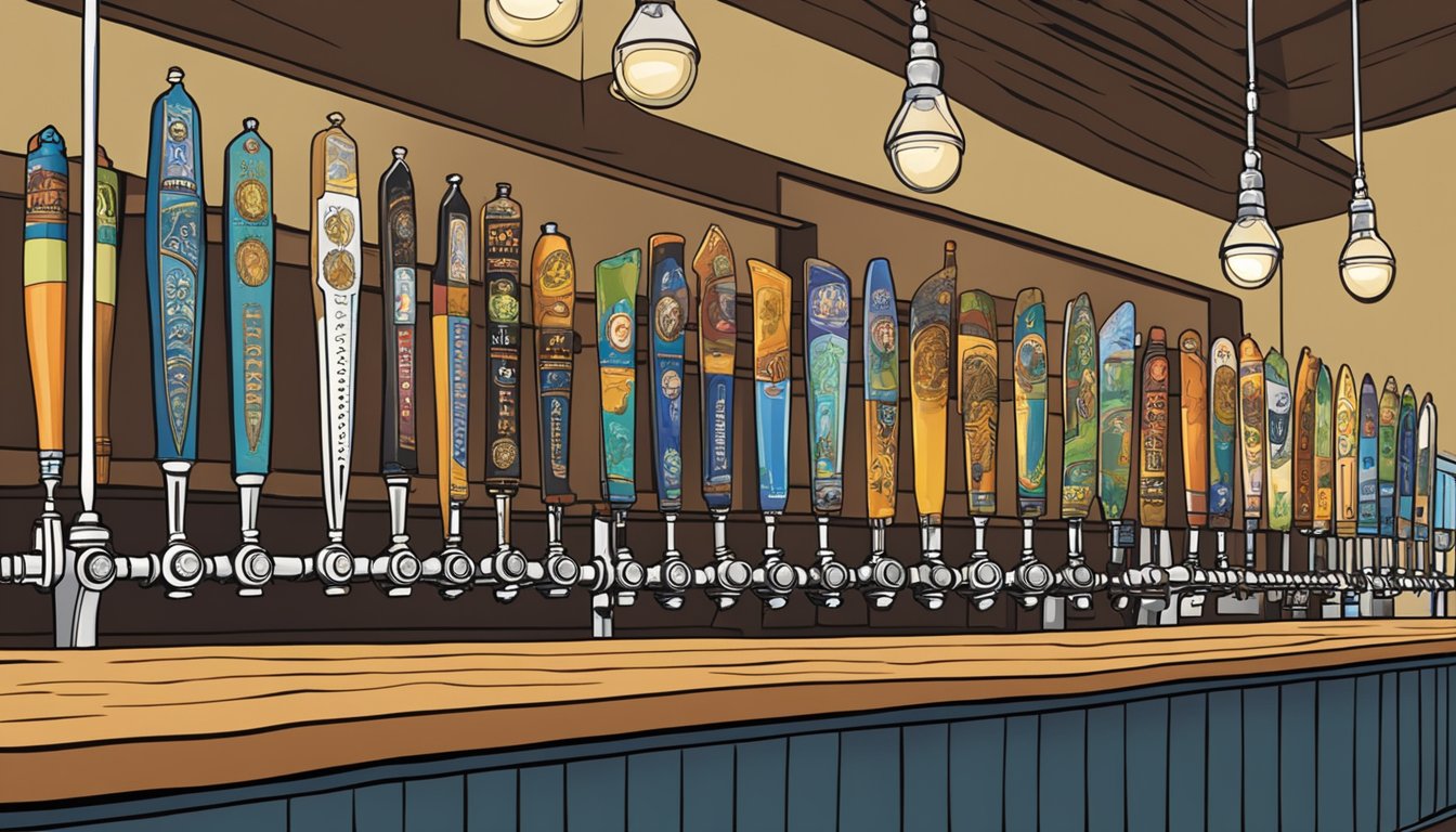 A row of colorful tap handles line the bar, showcasing the unique offerings of local craft beers from Concord, NC. The cozy taproom is filled with the warm glow of pendant lights and the chatter of happy patrons