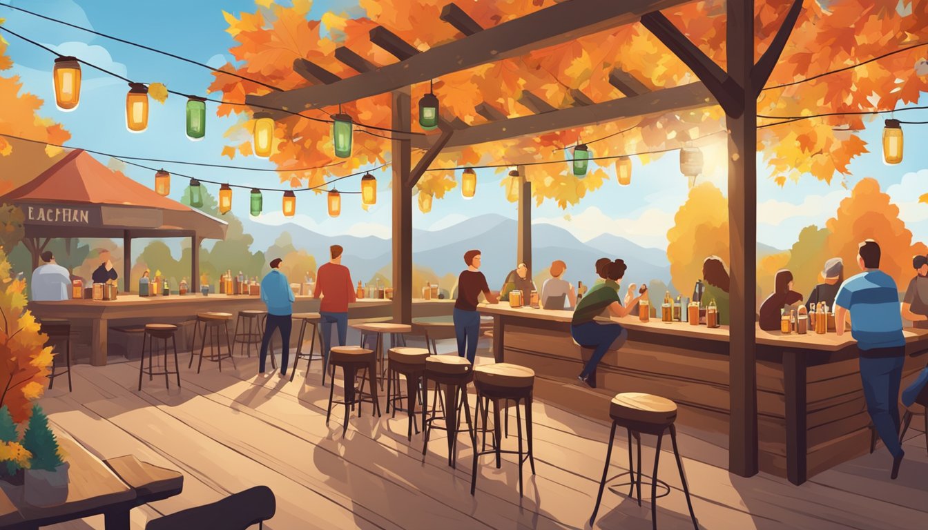 A cozy outdoor beer garden with colorful fall foliage, rustic wooden tables, and twinkling string lights, surrounded by a variety of local craft beer taps