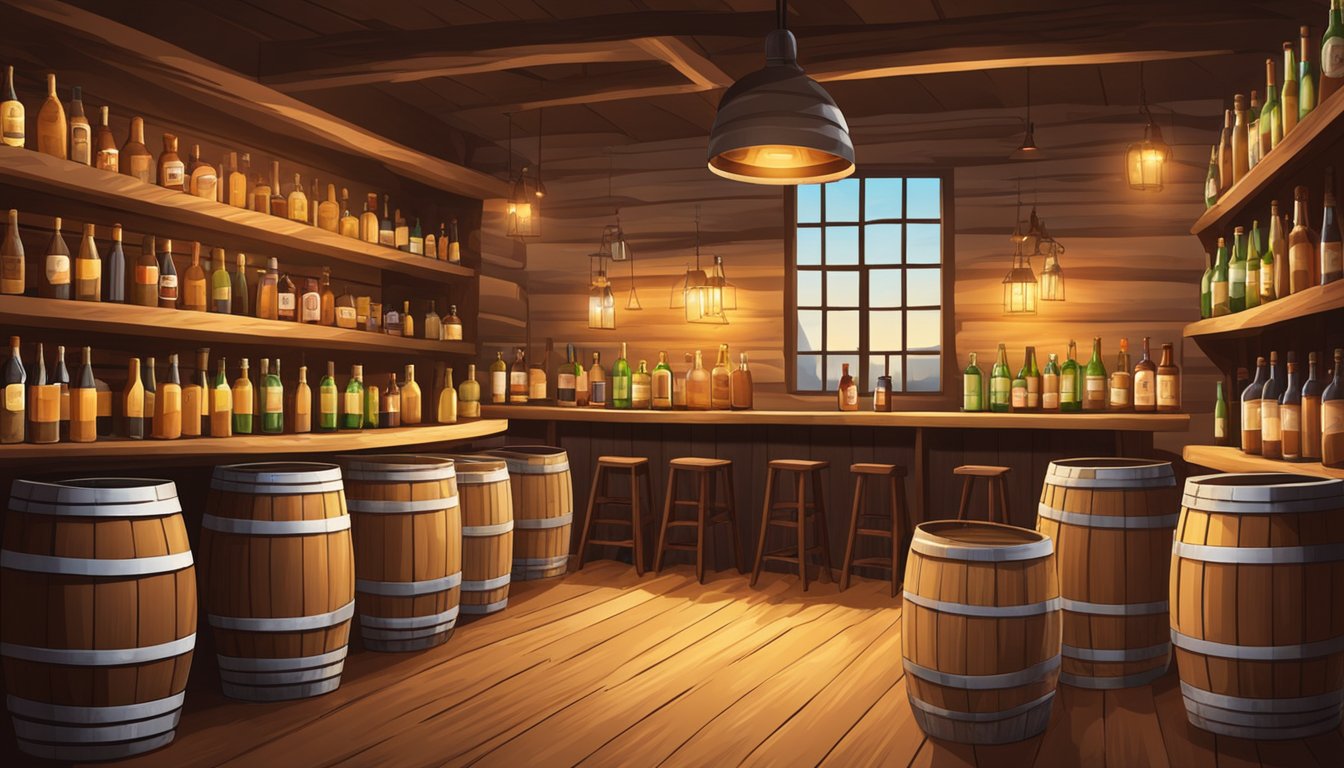 A cozy taproom with wooden barrels and a variety of cider and mead bottles on display. Warm lighting and rustic decor create a welcoming atmosphere