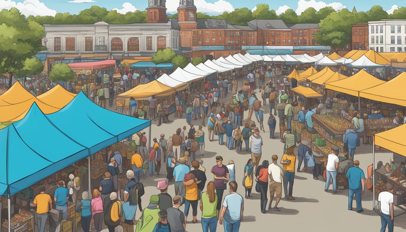 A bustling craft beer festival in Manchester, NH with rows of vendor booths, live music, and crowds of beer enthusiasts sampling and socializing