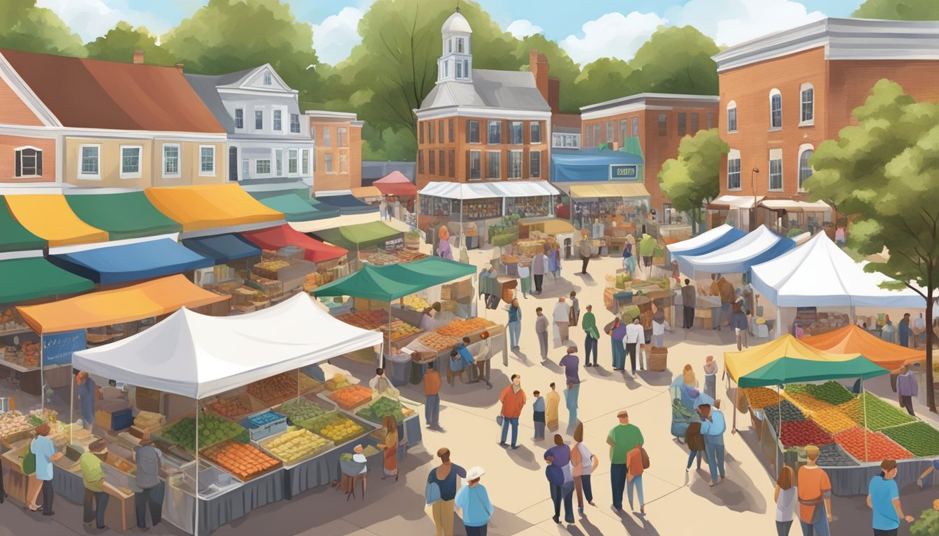 A bustling farmers market with colorful tents and banners, showcasing a variety of local craft beverages in Concord, NC