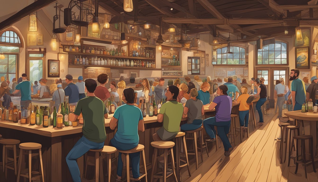 A bustling brewery scene with patrons sampling various craft beers, surrounded by rustic decor and vibrant local artwork