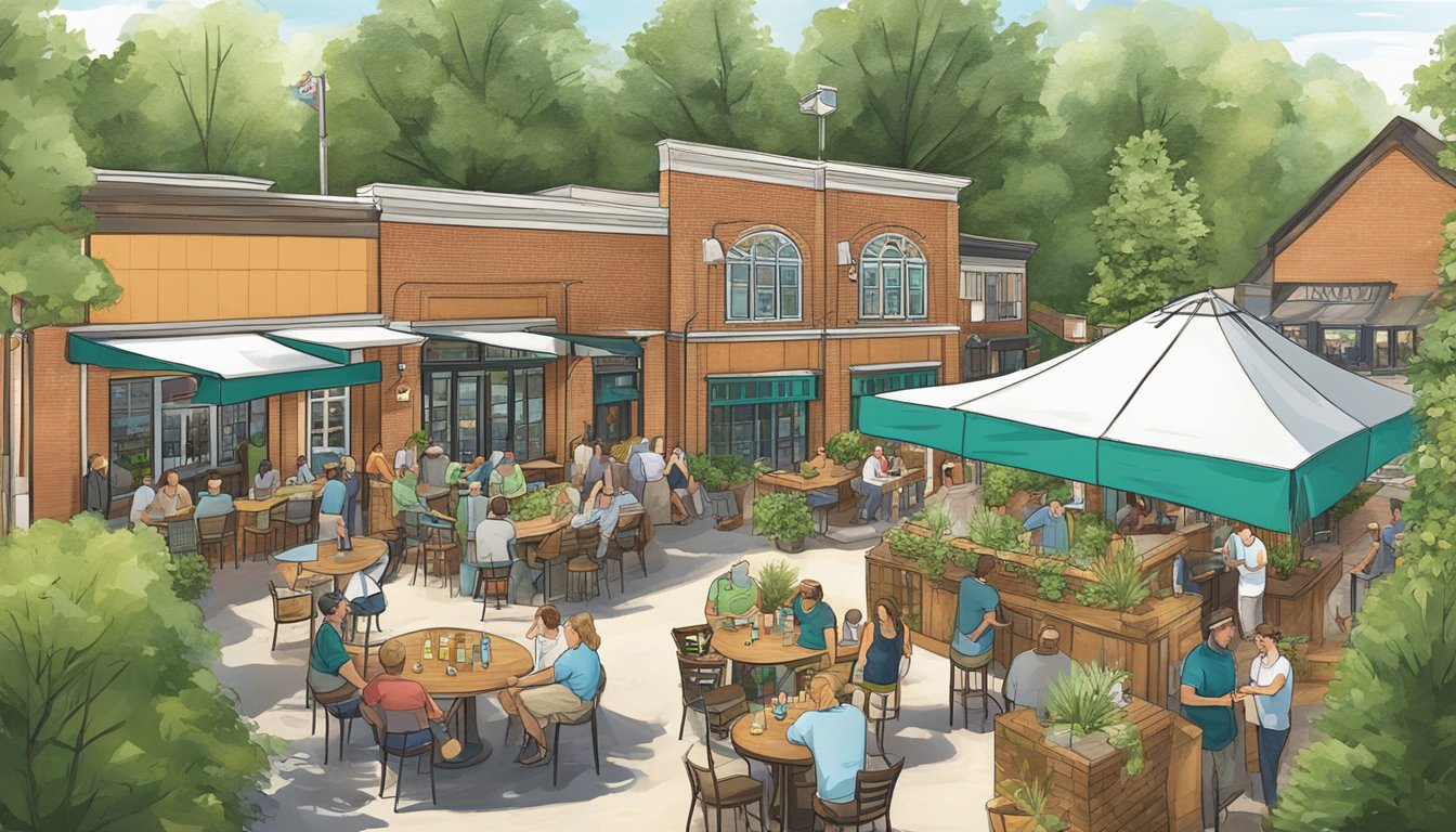 A bustling craft beer scene, with breweries, taprooms, and outdoor seating areas, surrounded by lush greenery and local landmarks in Cary, NC