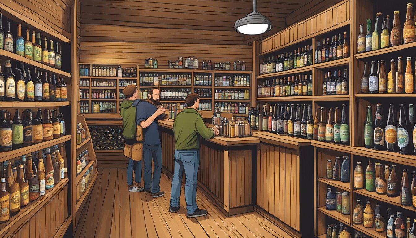 A cozy, rustic bottle shop filled with shelves of unique craft beer from local breweries in Cary, NC. A knowledgeable staff member assists a customer in making a selection