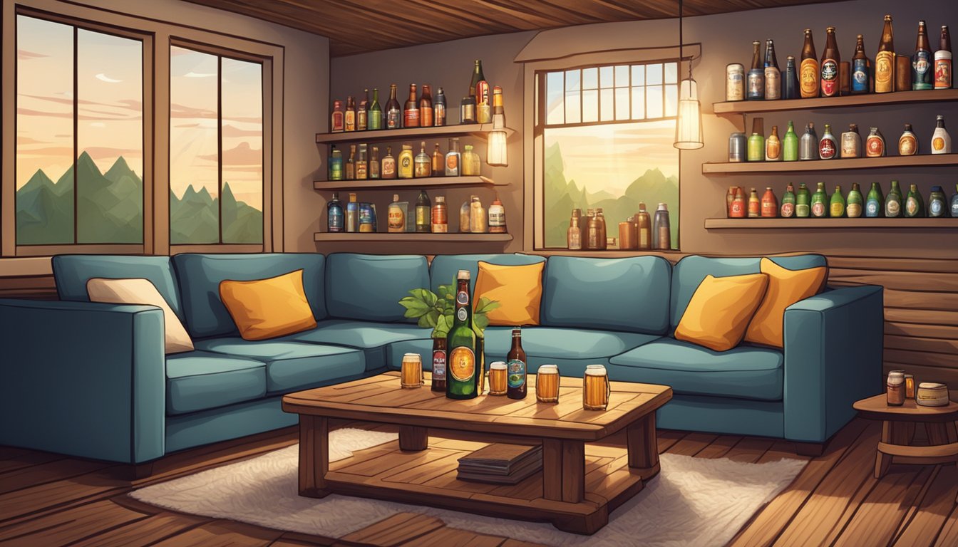 A cozy living room with a variety of local craft beer bottles and cans displayed on a rustic wooden table, surrounded by comfortable seating and soft lighting