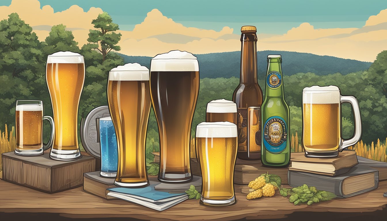 A variety of beer styles displayed in a local craft beer guide, with educational materials and Greensboro, NC scenery in the background