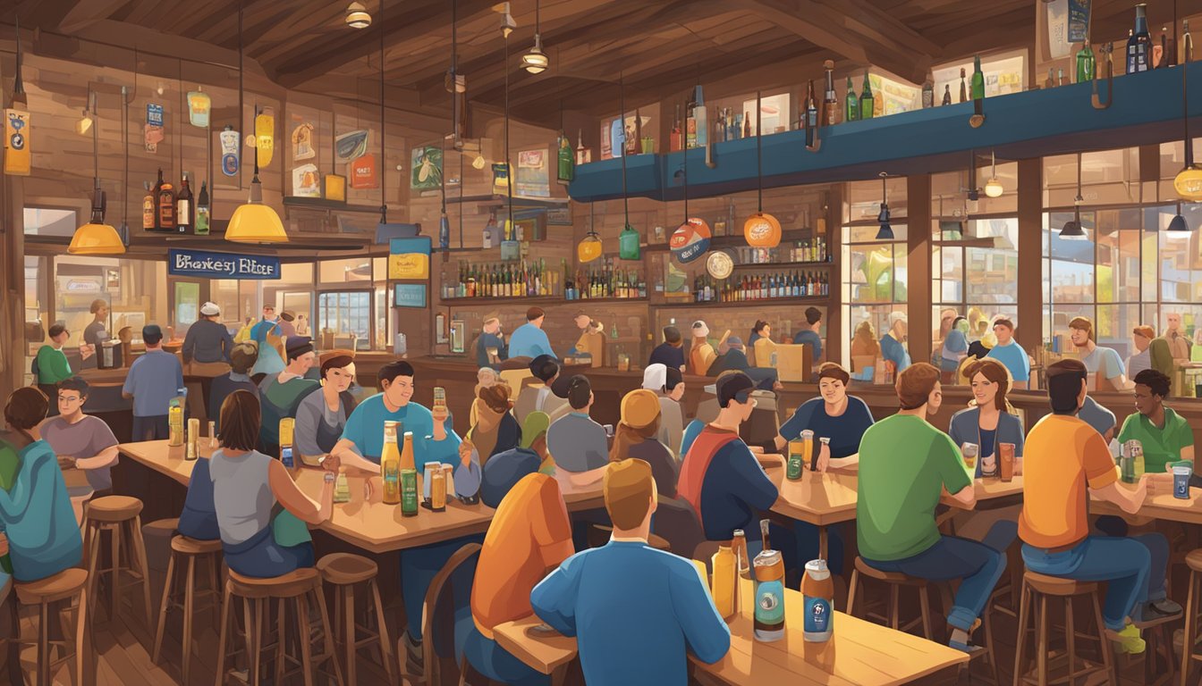 A bustling brewery scene with colorful tap handles and local beer labels on display, surrounded by cozy seating and friendly patrons