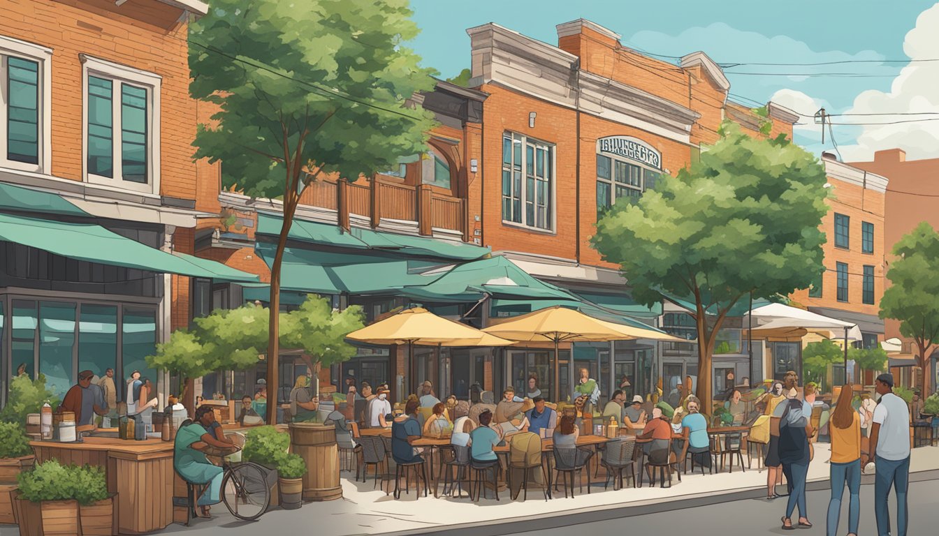 A bustling brewery district in Greensboro, NC with colorful taprooms and outdoor seating, surrounded by lush greenery and local craft beer signage