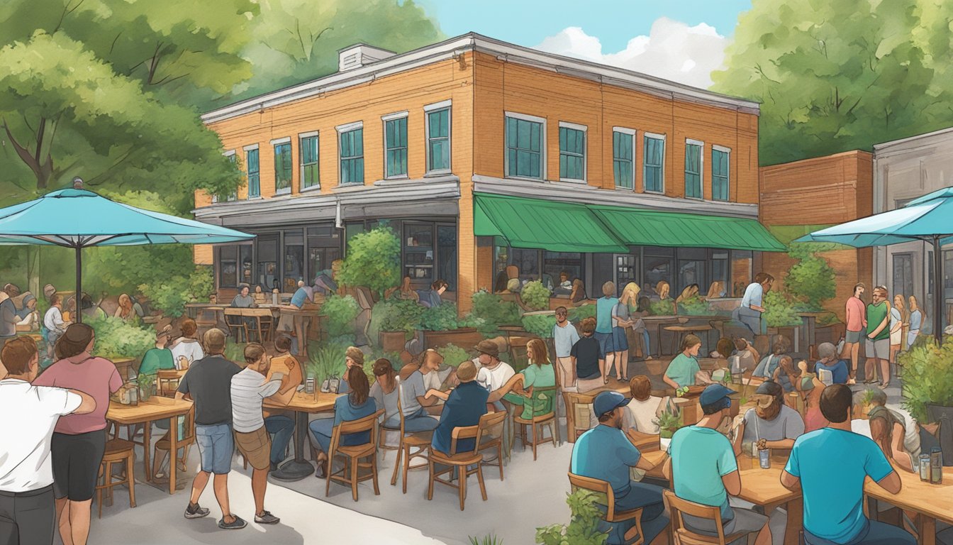 A bustling craft brewery with outdoor seating, live music, and a food truck, surrounded by lush greenery and happy patrons in Durham, NC