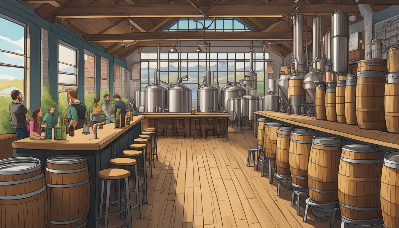 A bustling brewery with stainless steel tanks, wooden barrels, and a variety of hops and grains on display. Customers gather around a tasting bar, sipping on flights of locally brewed craft beer