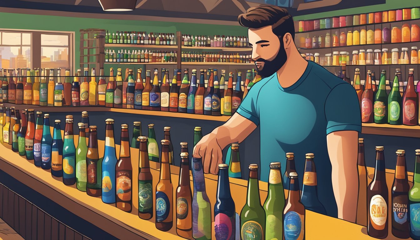 A customer browsing rows of colorful craft beer bottles in a local Paterson, NJ brewery, with a bartender offering samples in the background