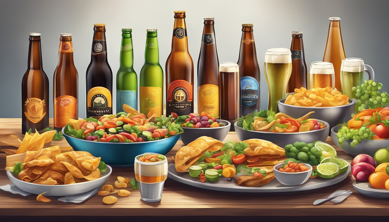 A table set with a variety of gourmet foods alongside a selection of colorful craft beer bottles, all arranged in an inviting and appetizing display